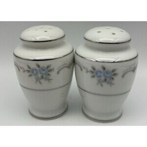 Style House Salt & Peppers Shakers Anniversary Pattern Blue Roses Silver trim